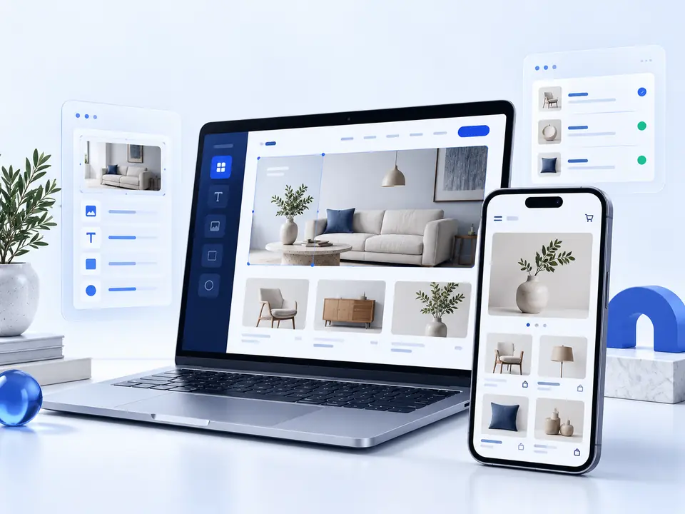 Illustration of a website builder on a laptop and an online store on a mobile phone.